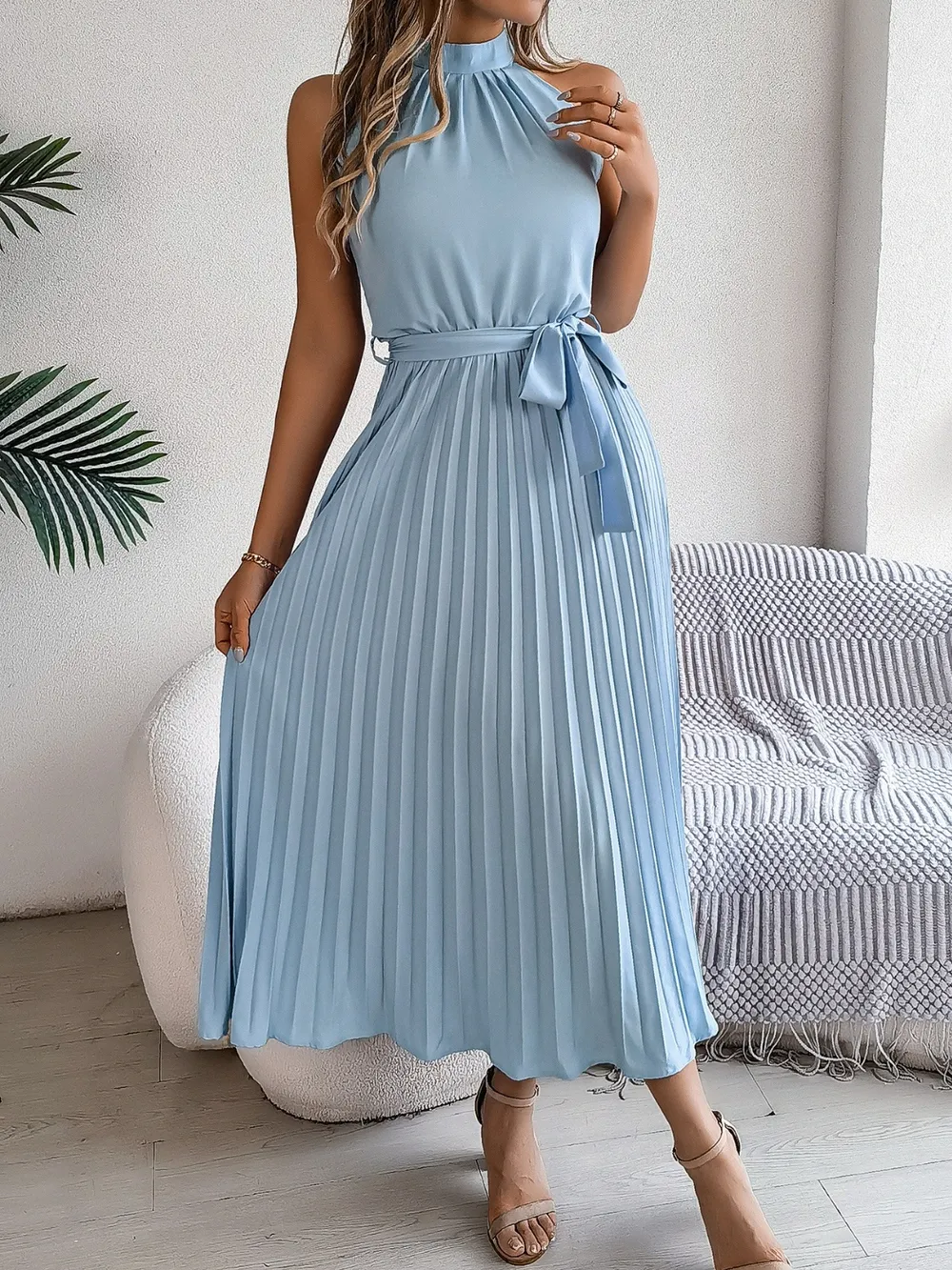 Grecian Neck Tie Waist Pleated Dress, image 4