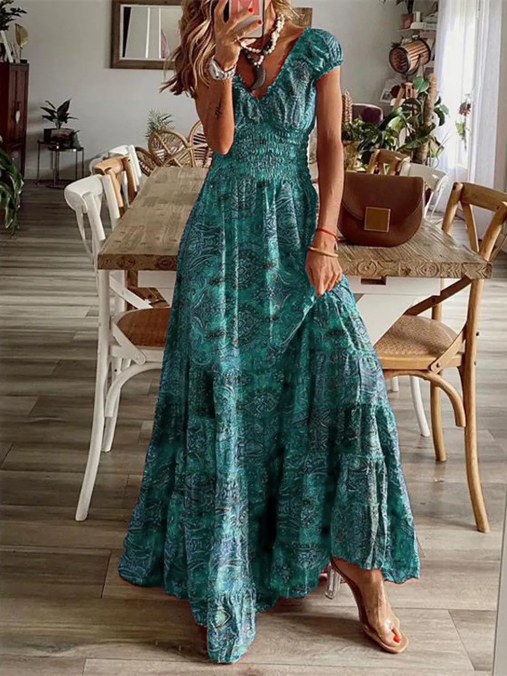 Full Size Smocked Printed V-Neck Short Sleeve Dress, image 19