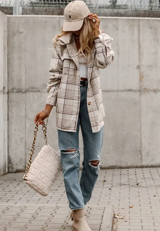 Plaid Removable Hood Button Up Shacket, image 13
