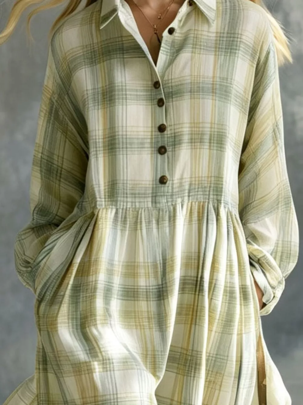 Plaid Button-Down Maxi Shirt Dress, image 3