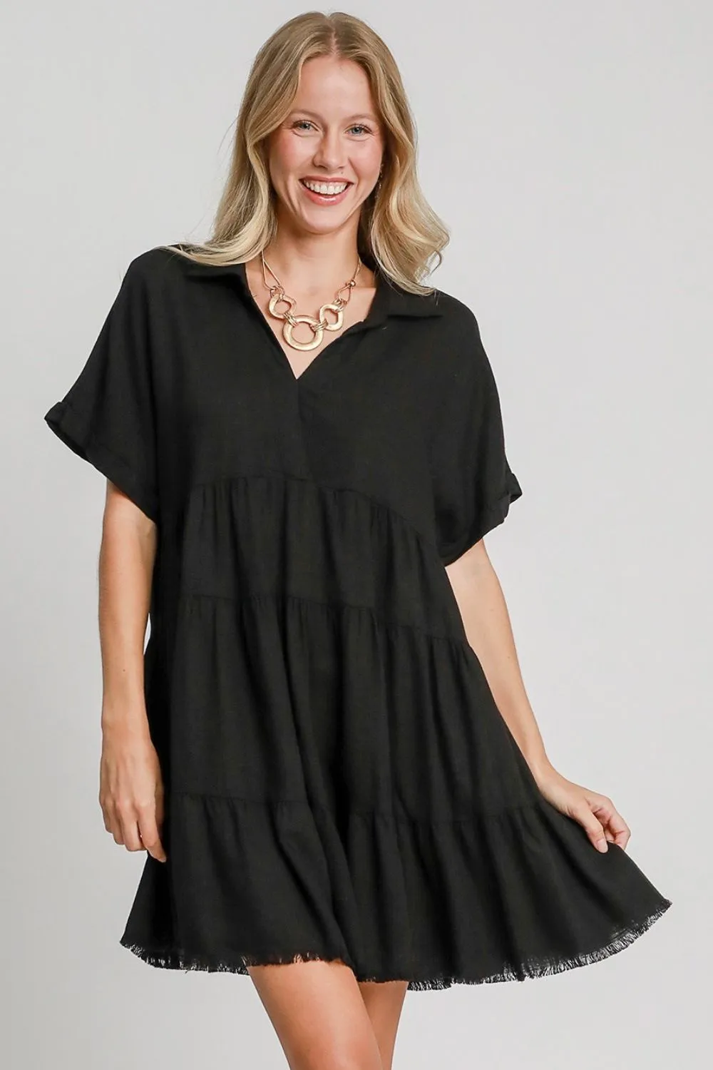 Full Size Raw Hem Folded Sleeve Tiered Dress Plus Size