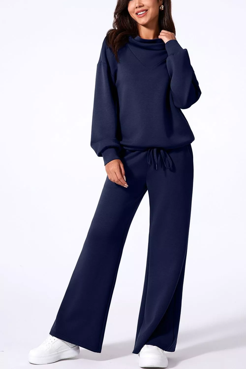 Solid Color Cowl Neck Drawstring Pullover Wide Leg Athleisure Pants Set, image 4