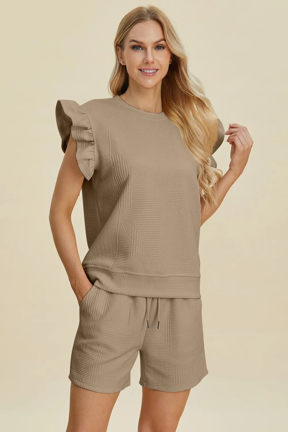 Full Size Texture Round Neck Ruffle Sleeve Top and Shorts Set, image 23