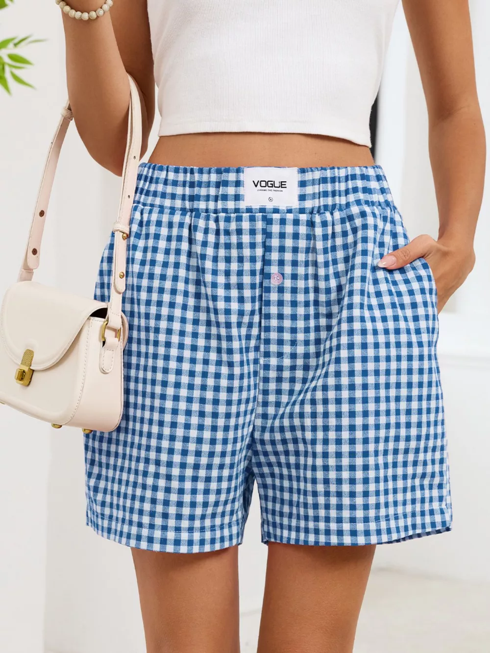 Gingham Elastic Waist Casual Shorts, image 28