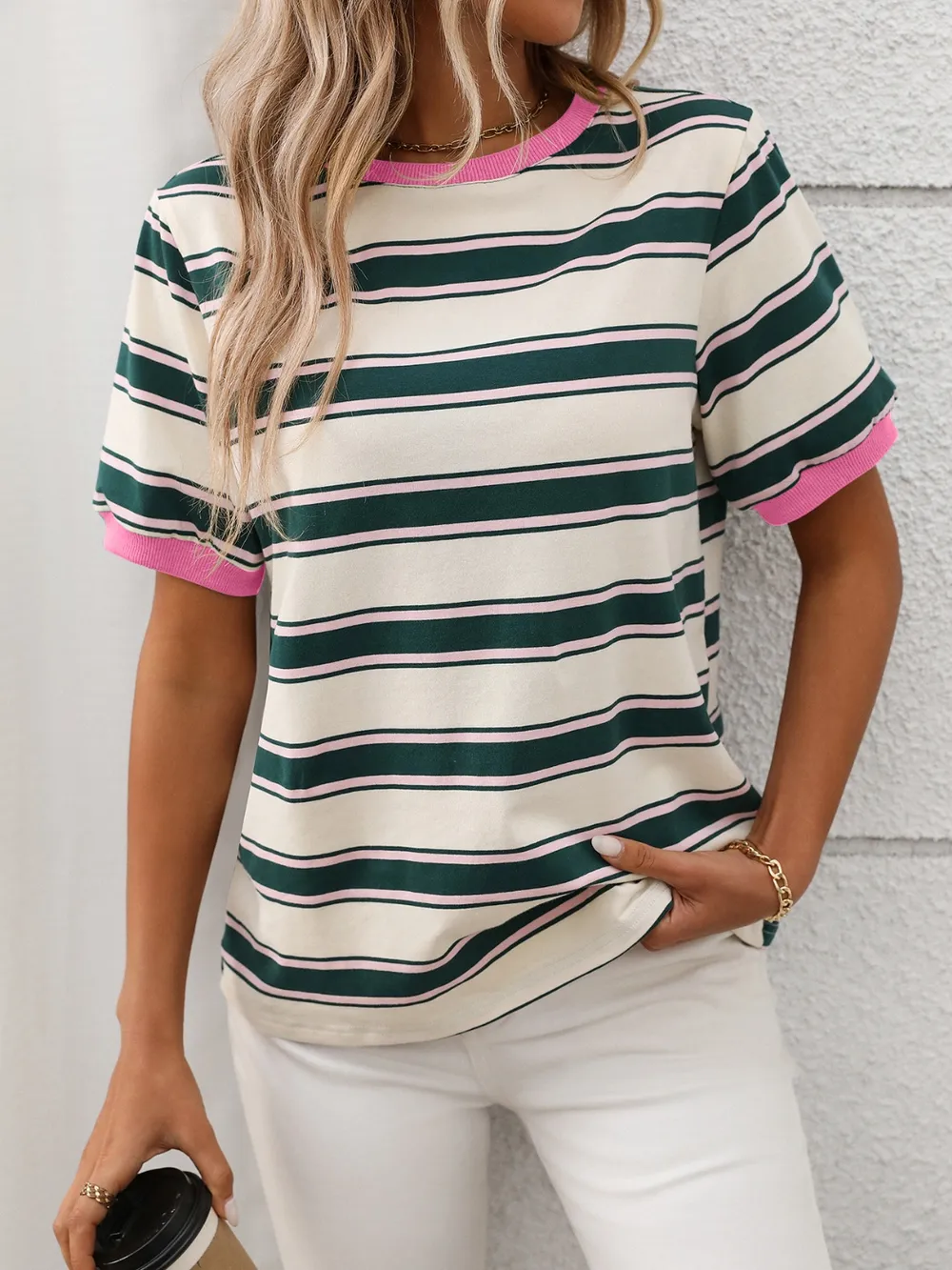 Contrast Striped Round Neck Short Sleeve T-Shirt, image 5