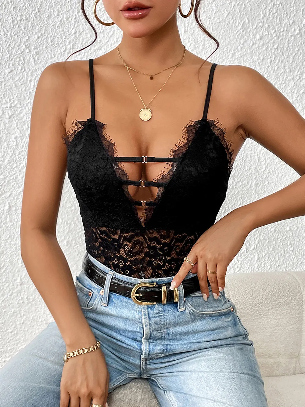 Lace Plunge Spaghetti Strap Bodysuit, image 6