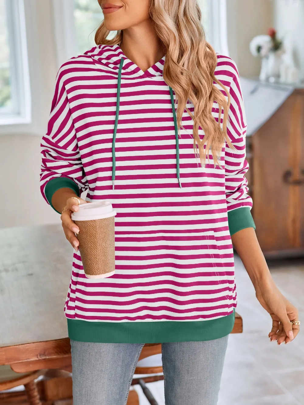 Drawstring Striped Long Sleeve Hoodie, image 35