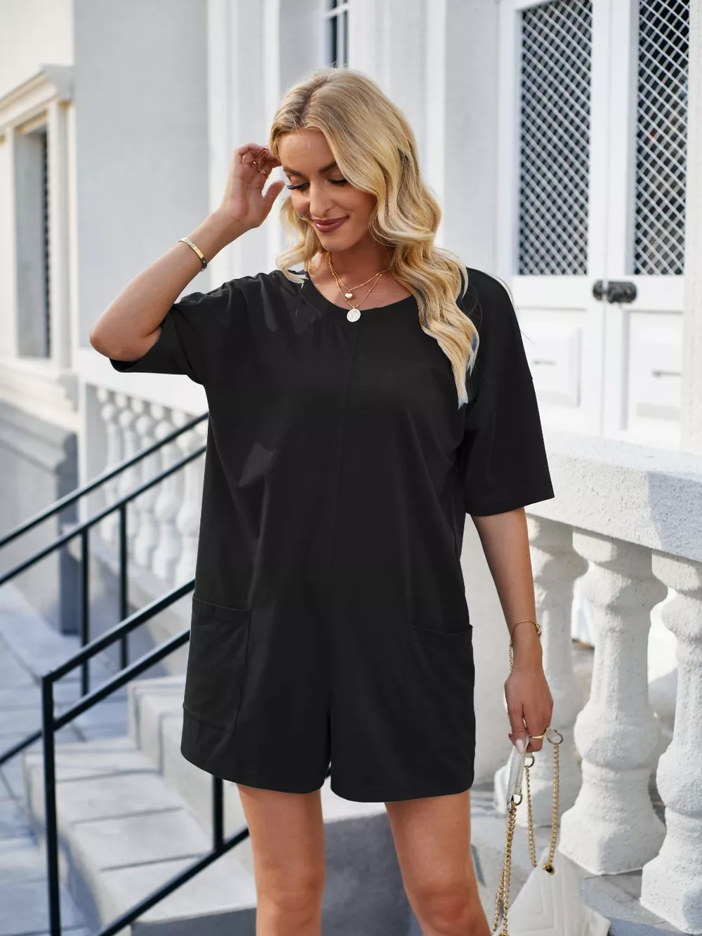 Backless Pocketed Round Neck Half Sleeve Romper, image 8