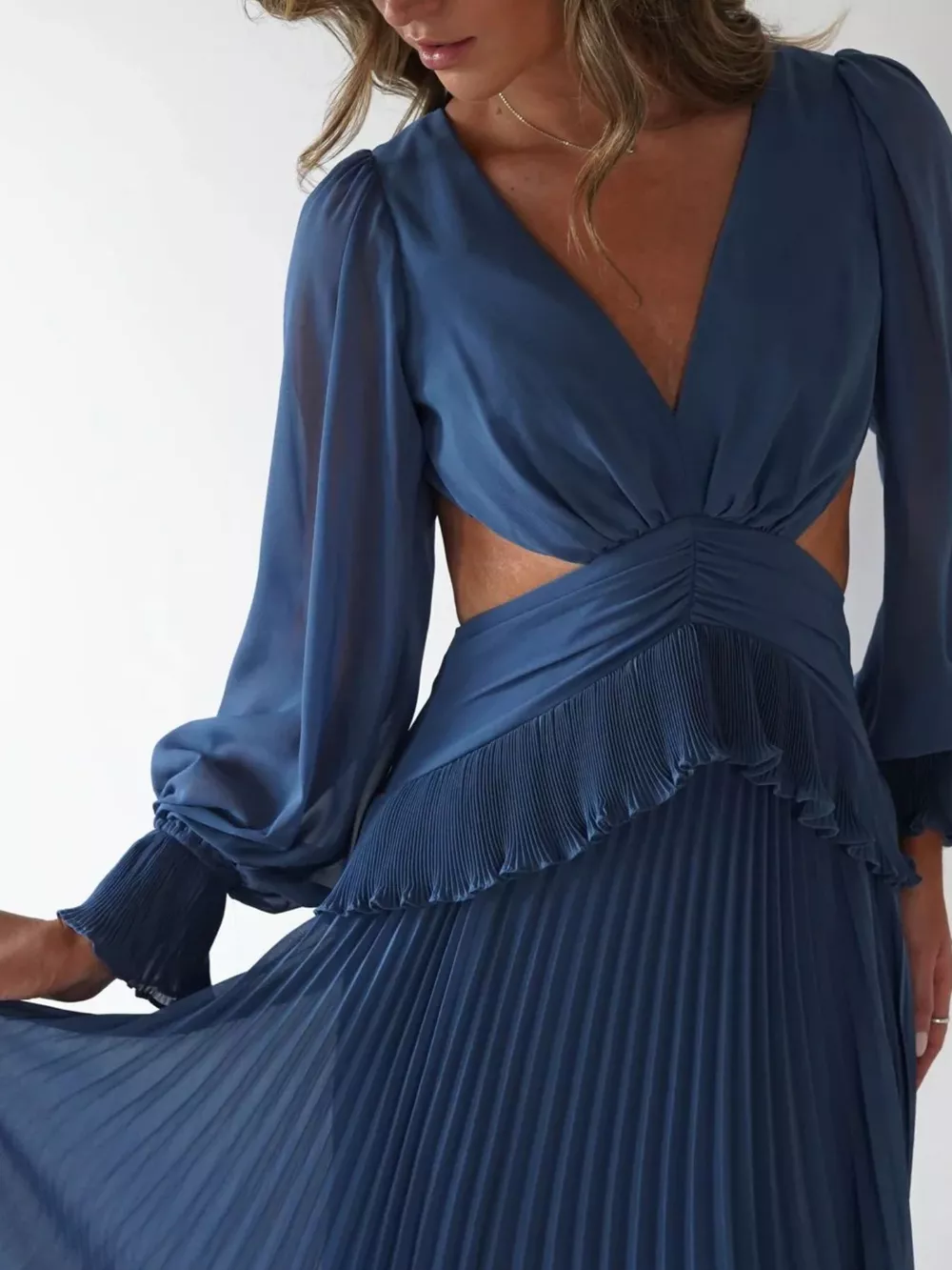 Backless Pleated Long Sleeve Maxi Dress, image 10