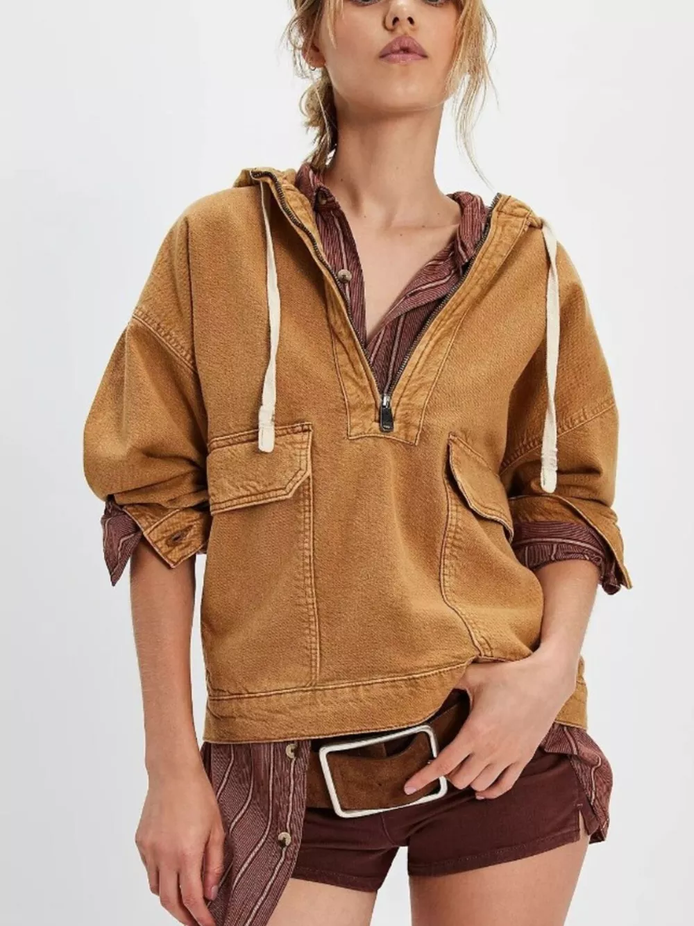 Half Zip Hooded Denim Top
