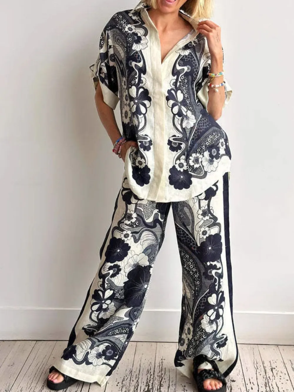 Printed Button Up Shirt and Pants Set, image 7