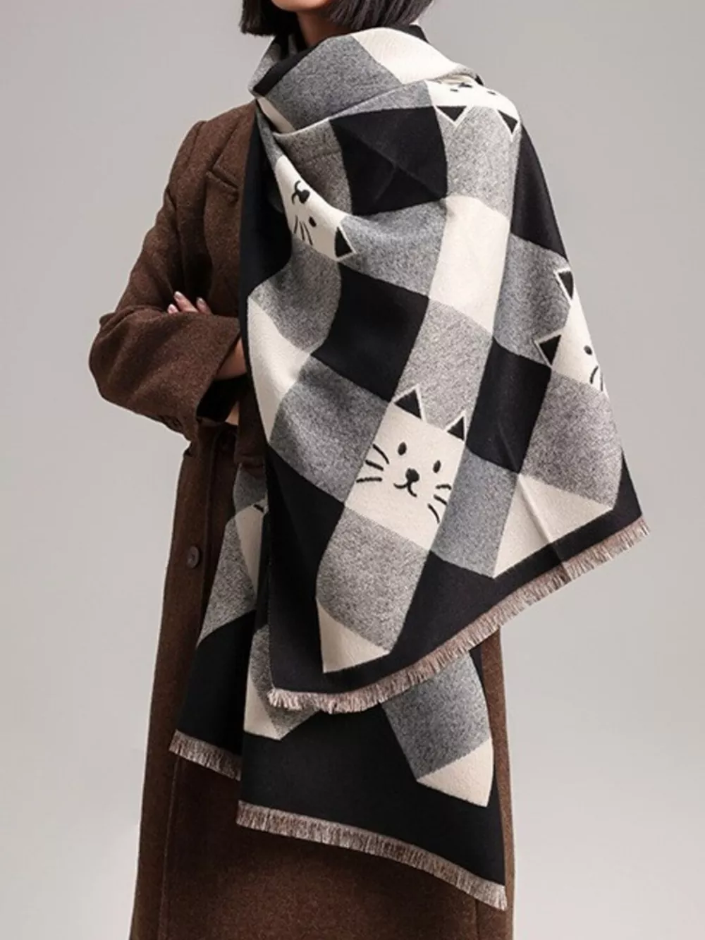 Cute Cat Pattern Plaid Raw Hem Scarf, image 8