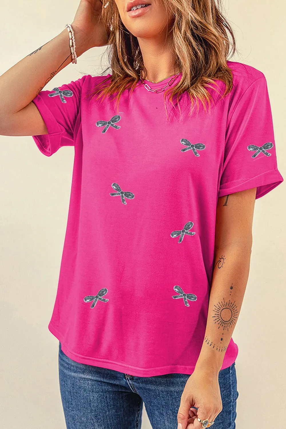 Sequin Bow Round Neck Short Sleeve T-Shirt, image 5