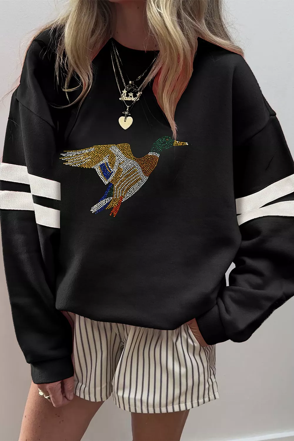 Rhinestone Mallard Contrast Striped Sleeve Casual Sweatshirt, image 3