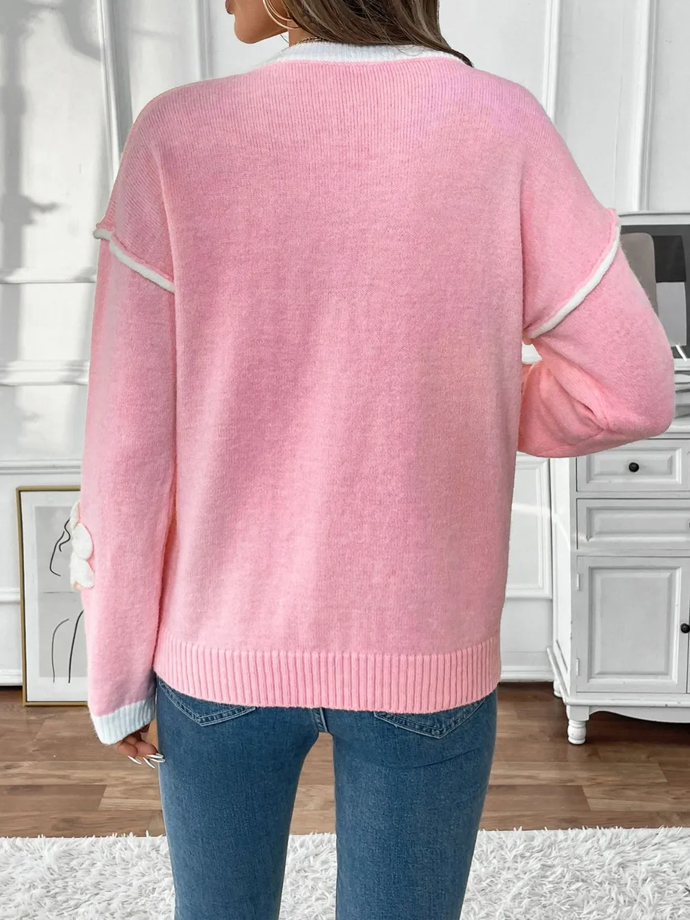 Flower V-Neck Long Sleeve Sweater, image 5