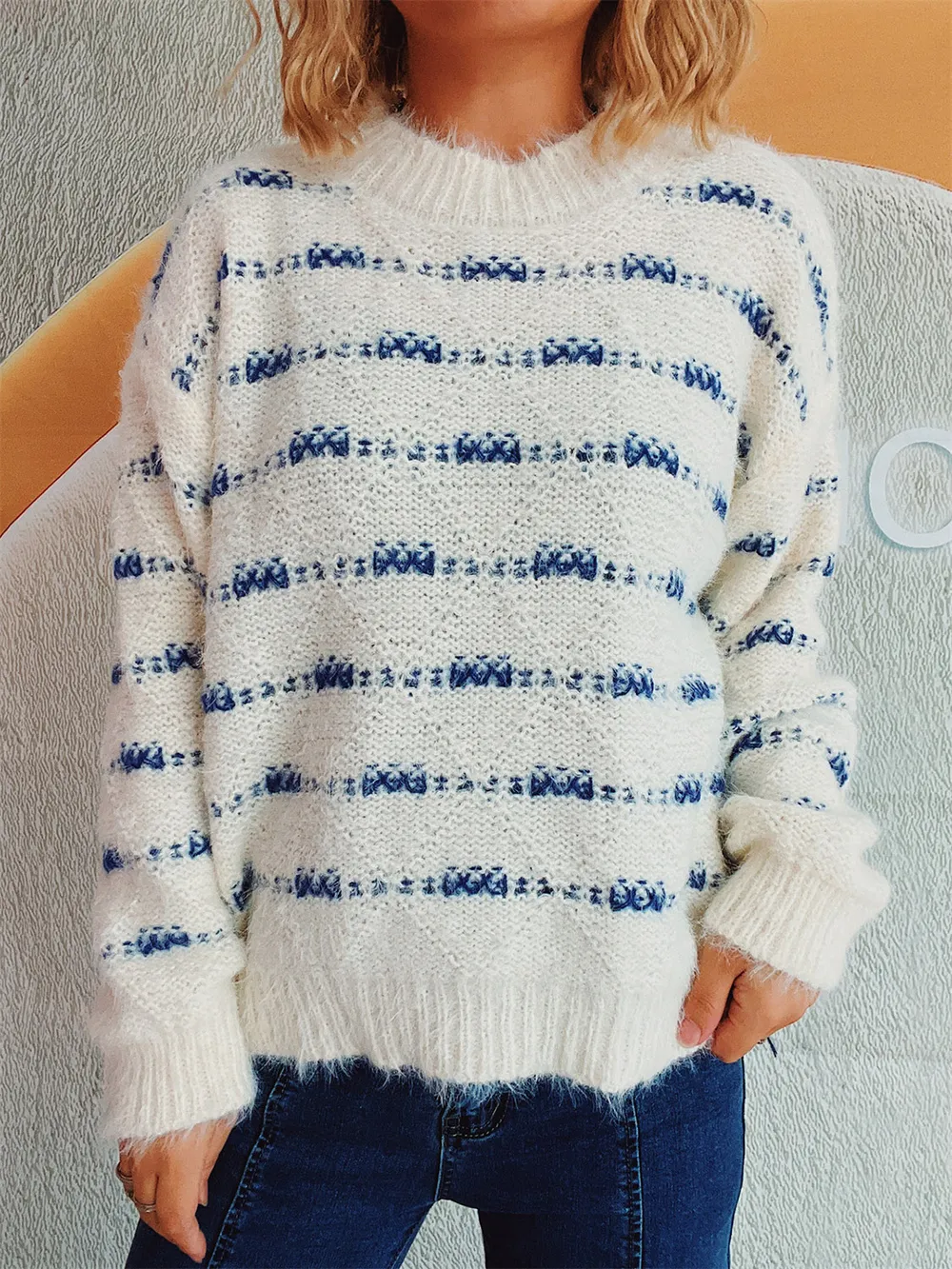 Striped Round Neck Long Sleeve Sweater, image 4