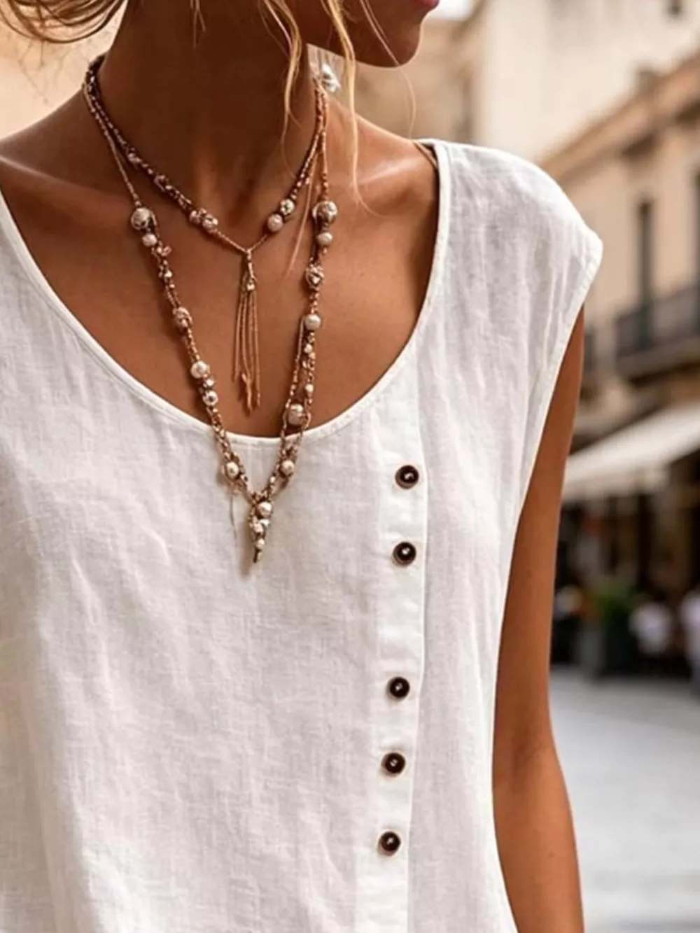 Full Size Round Neck Decor Button Tank Plus Size, image 2