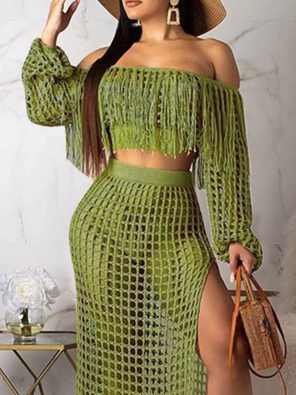 Full Size Crochet Off-Shoulder Fringe Top and Skirt Set Plus Size, image 21