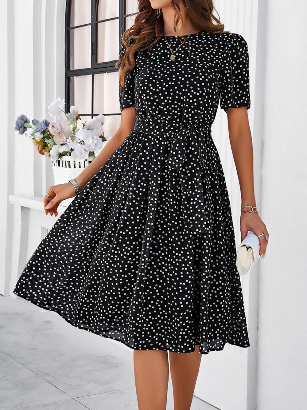 Printed Round Neck Short Sleeve Dress, image 2