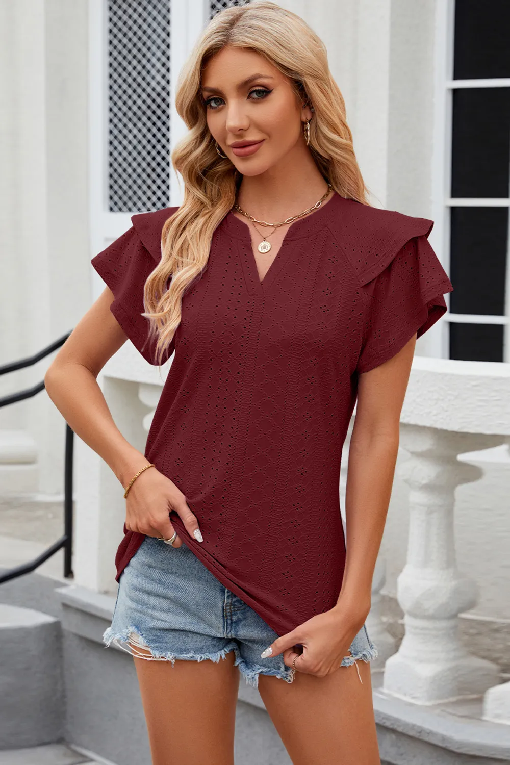 Eyelet Notched Short Sleeve T-Shirt, image 10