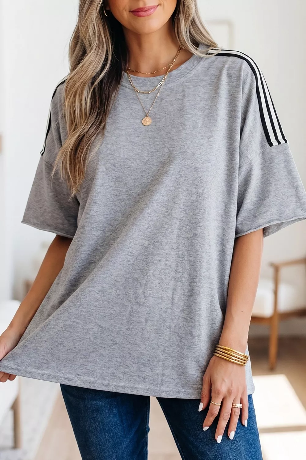 Striped Shoulder Relaxed Fit T-Shirt, image 2