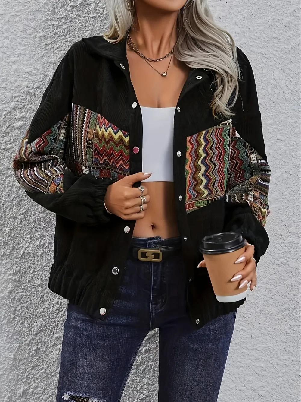 Embroidered Collared Neck Snap Down Jacket, image 4
