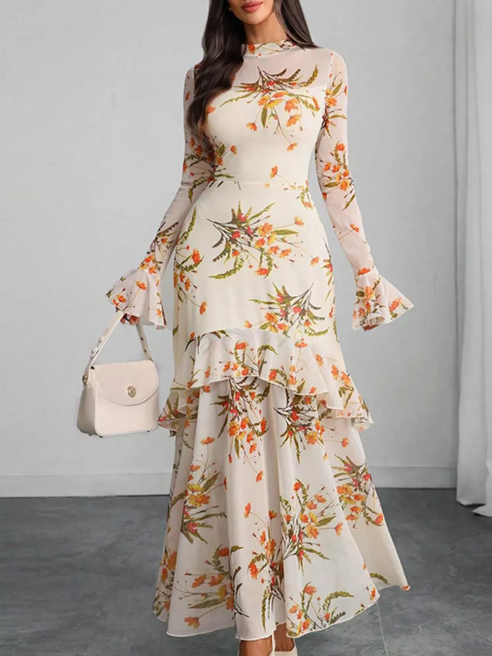 Floral Print Flounce Sleeve Mermaid Maxi Dress, image 10