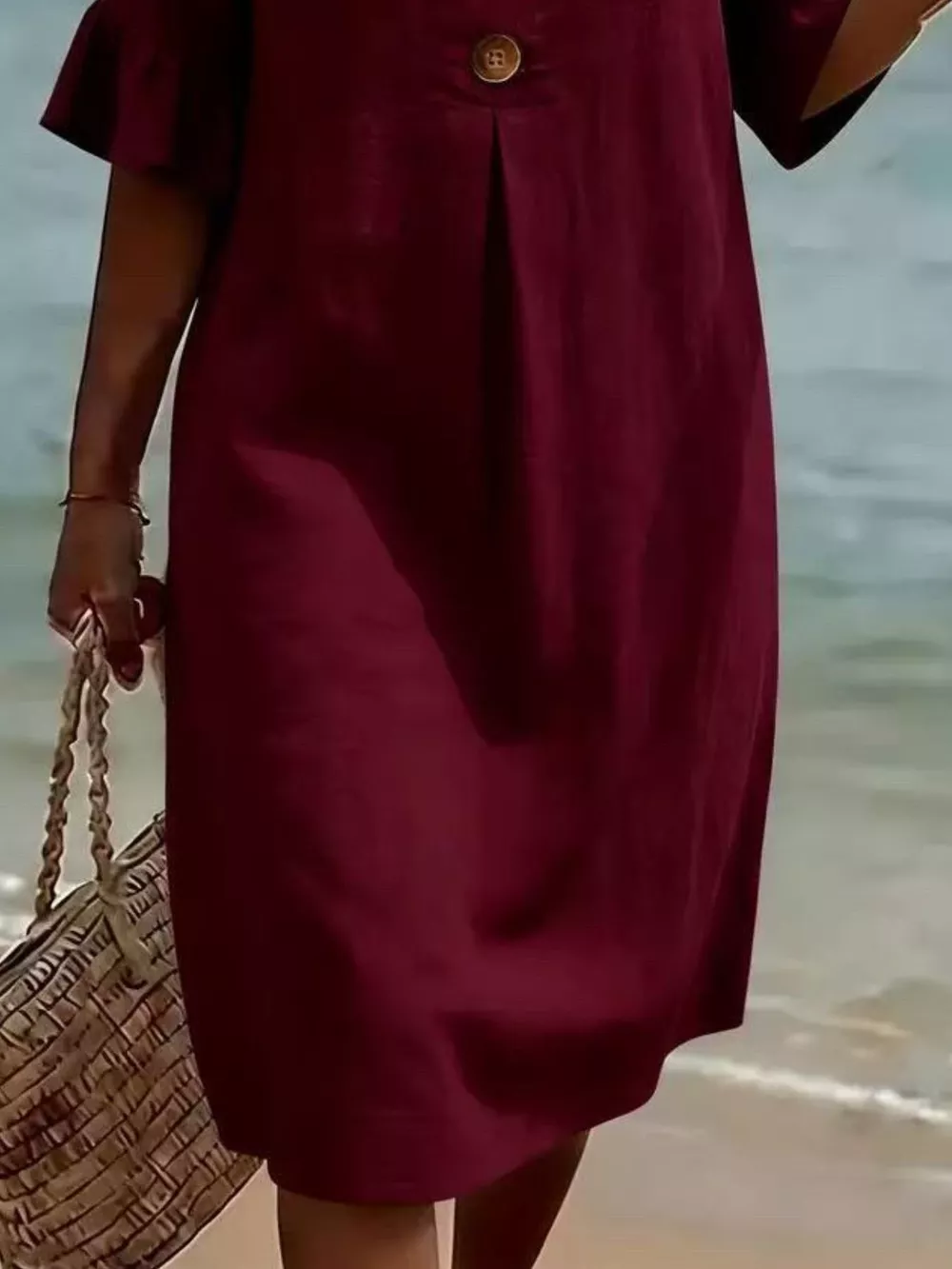 Full Size Decorative Button Ruffle Half Sleeve Dress Plus Size, image 24