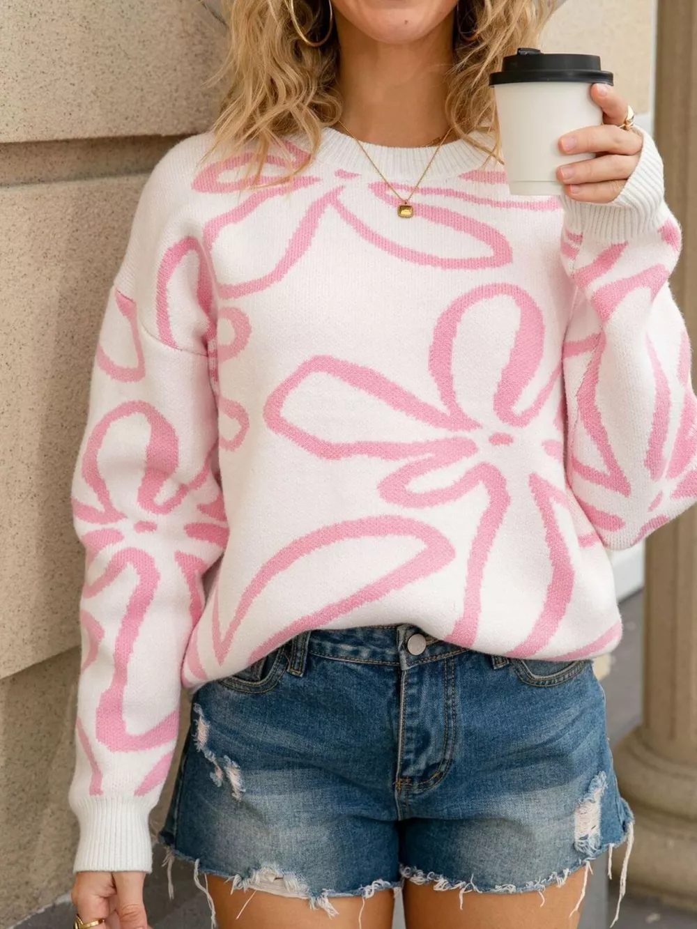 Flower Crew Neck Long Sleeve Sweater, image 3