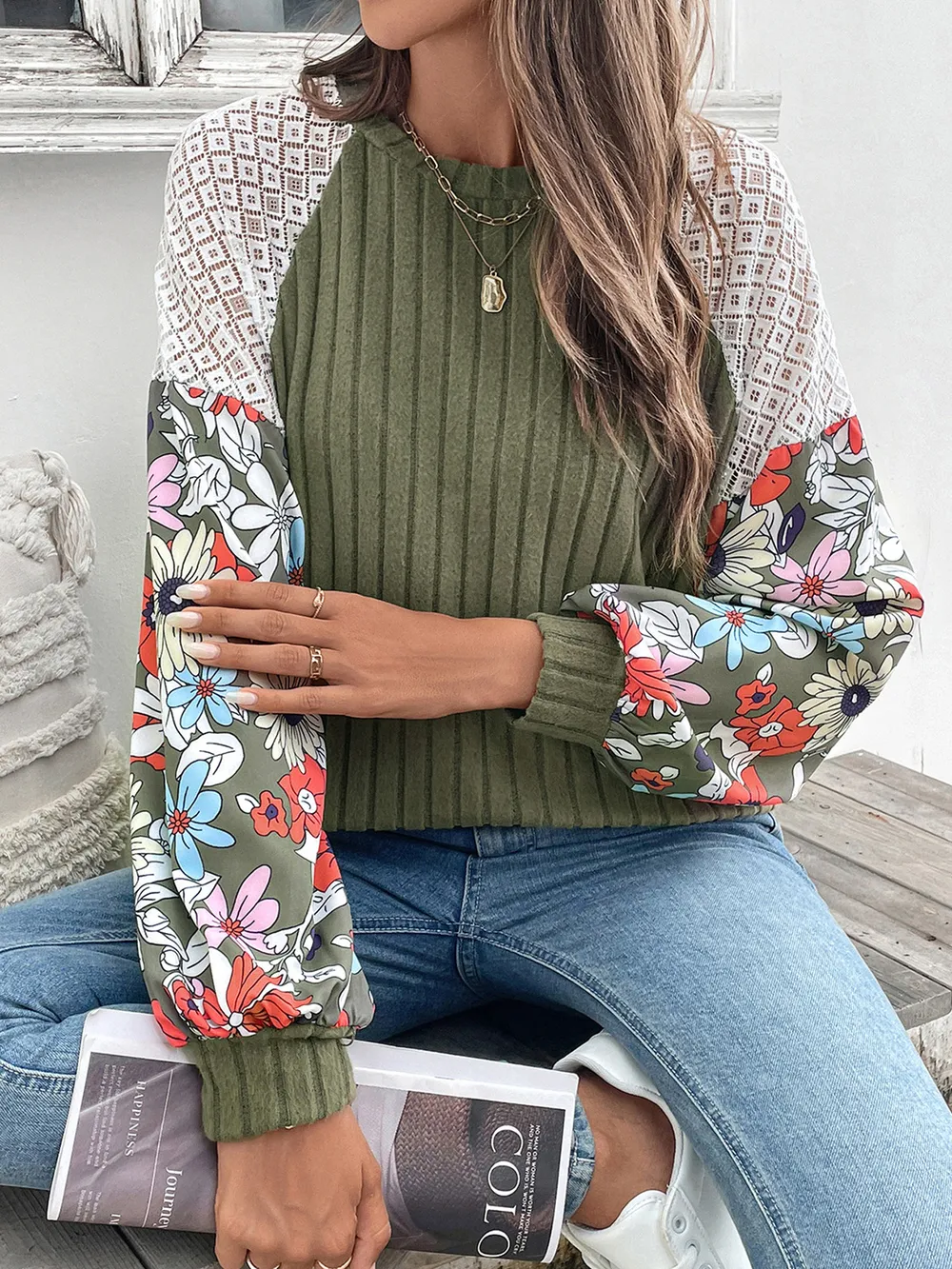 Printed Round Neck Long Sleeve Knit Top, image 5