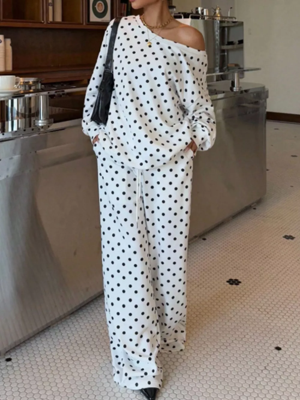 Polka Dot Long Sleeve Top and Pants Set, image 2