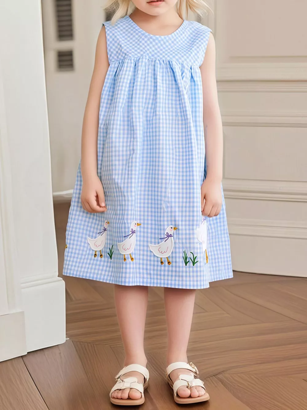Children's Gingham Goose Embroidered Sleeveless Dress, image 2