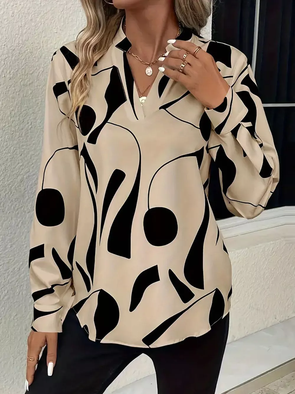 Abstract Print Notched Long Sleeve Blouse, image 2
