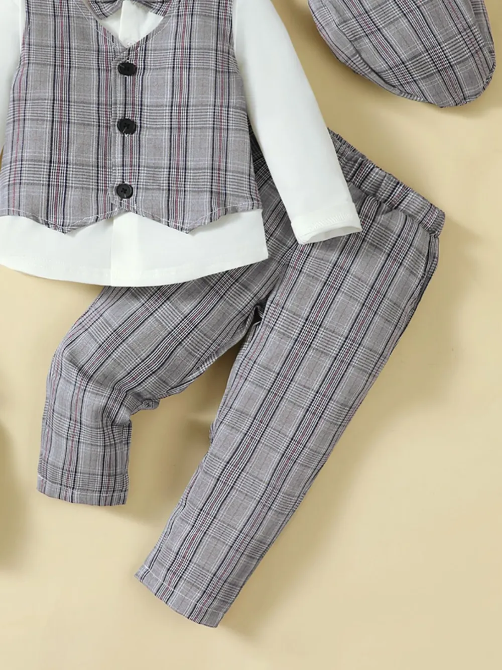 Hat, Long Sleeve Shirt, Plaid Vest and Pants 4-Piece Set, image 3