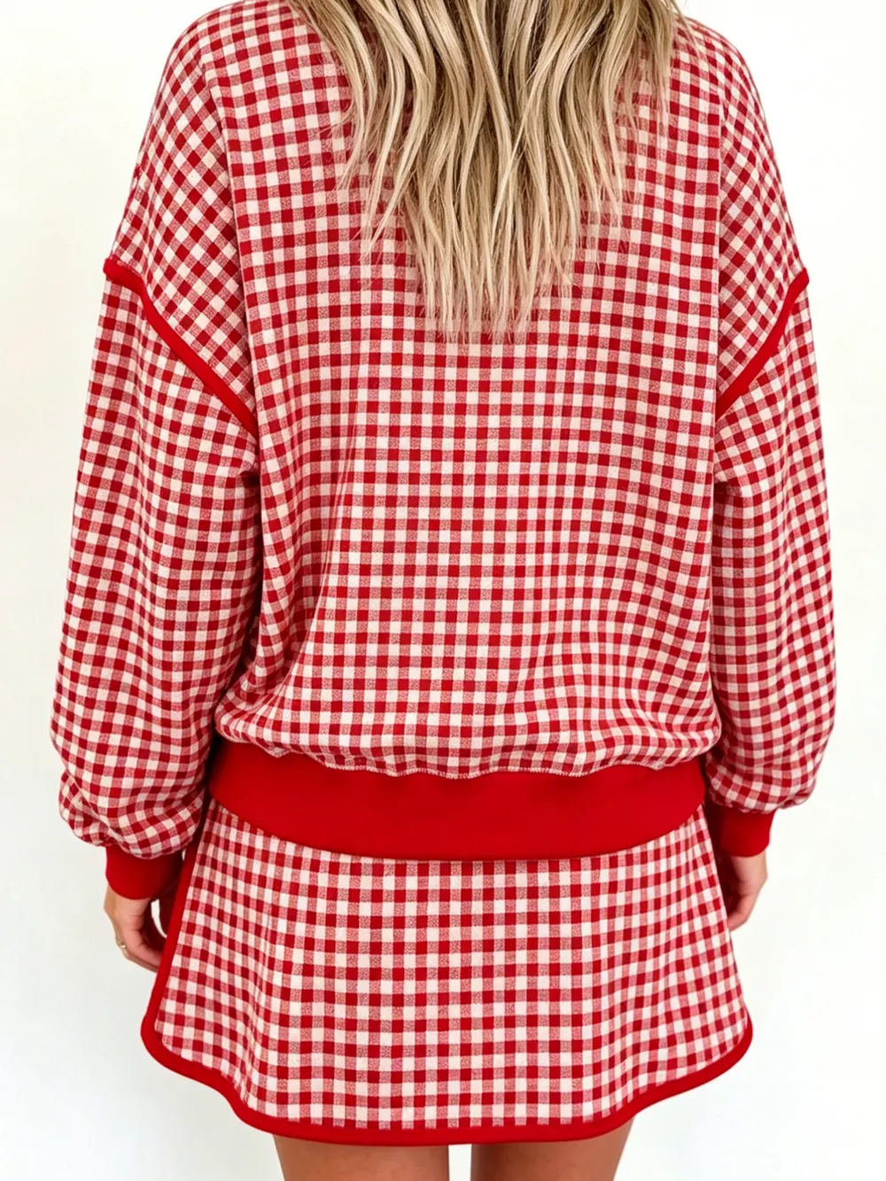 Gingham Plaid Long Sleeve Sweatshirt and Shorts Set, image 2