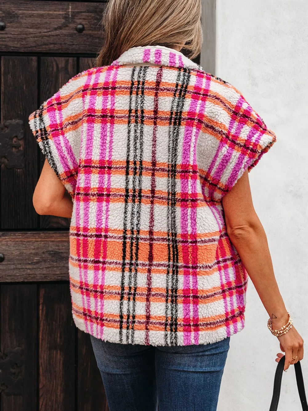 Sherpa Plaid Snap Down Vest Coat, image 2