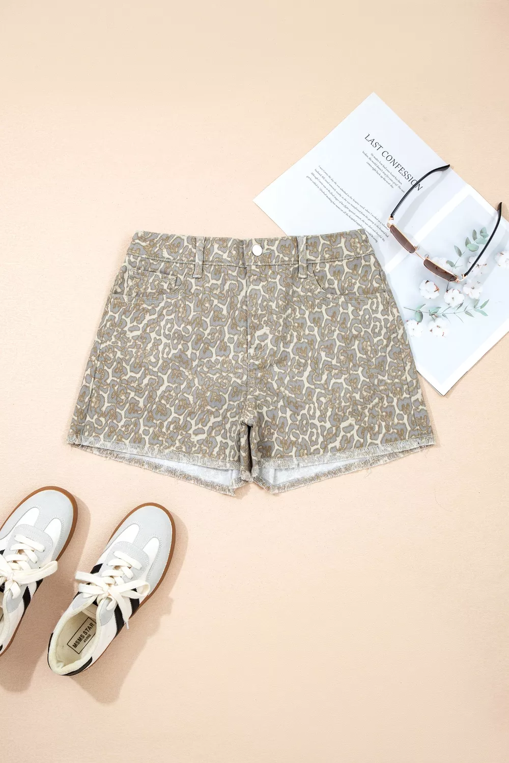 Raw Edge Leopard Print Denim Shorts, image 3