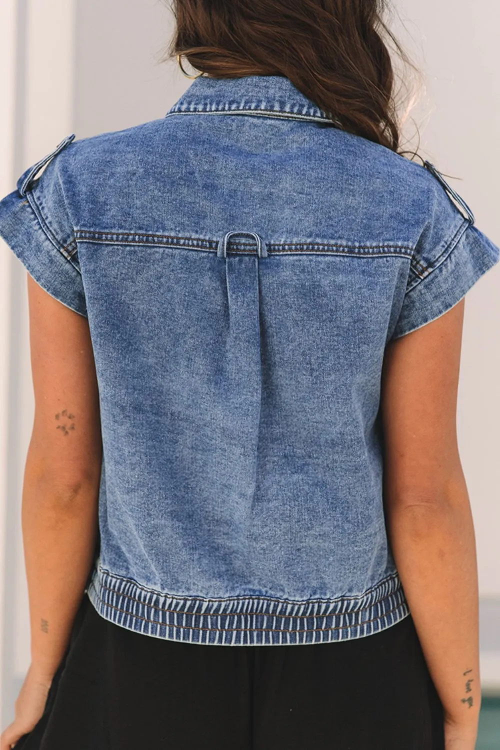 Button Up Cap Sleeve Denim Jacket, image 9