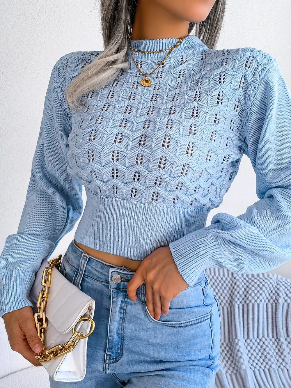 Openwork Mock Neck Long Sleeve Cropped Sweater, image 9