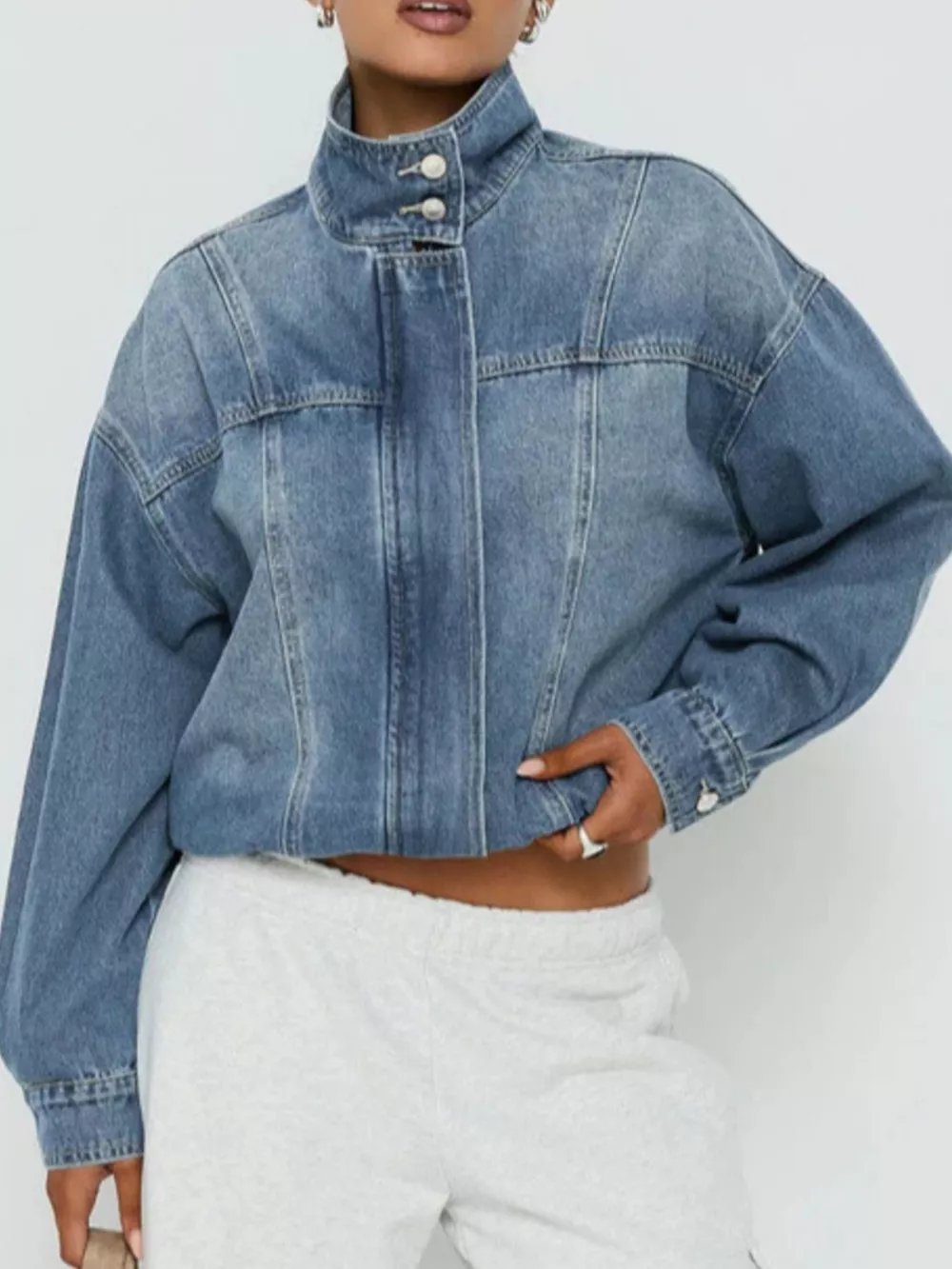 Washed Stand-Up Collar Denim Jacket, image 2
