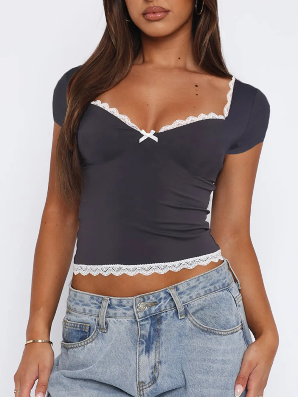 Lace Detail Sweetheart Neck Short Sleeve T-Shirt, image 9