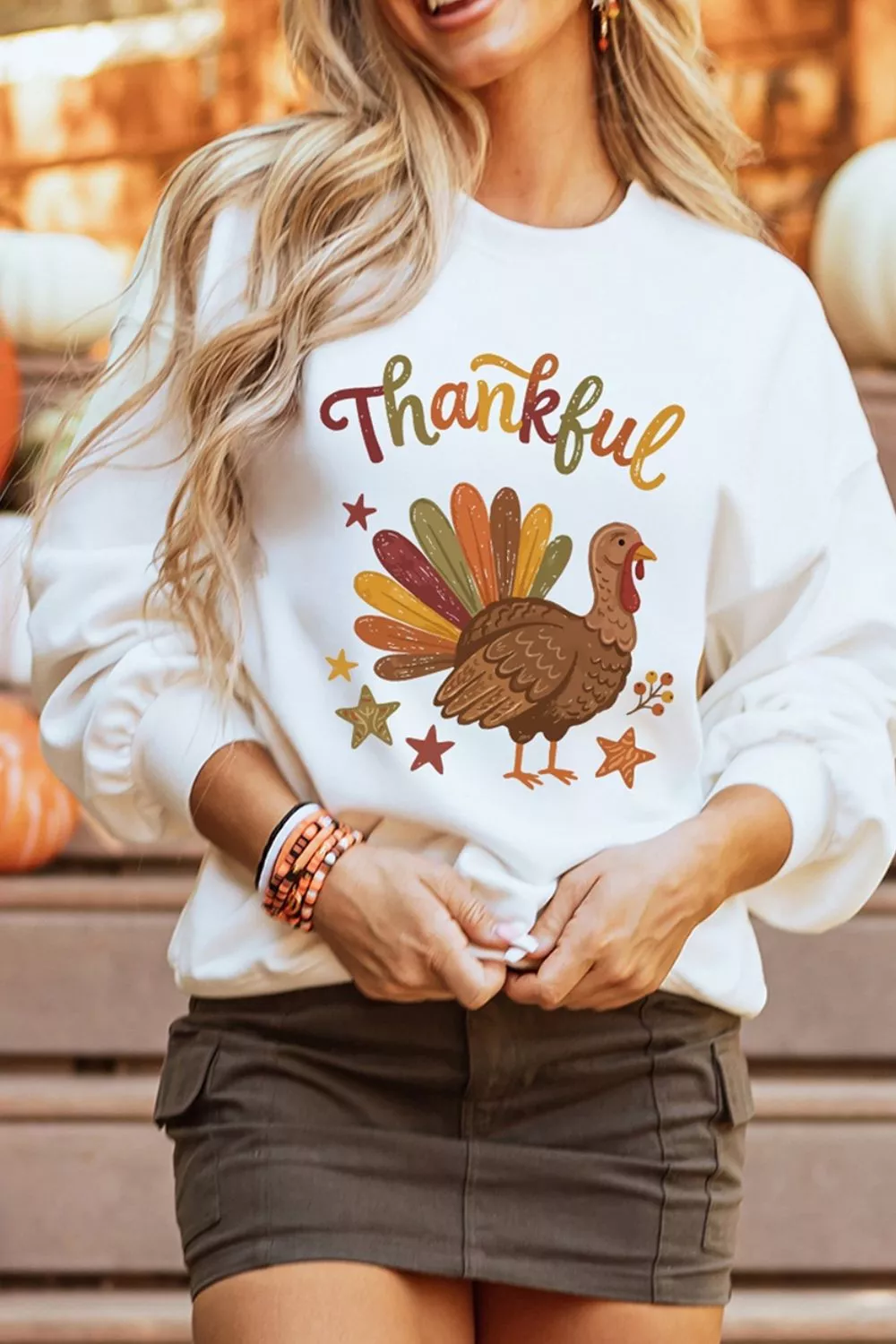 Thankful Turkey Graphic Crewneck Pullover Sweatshirt, image 3