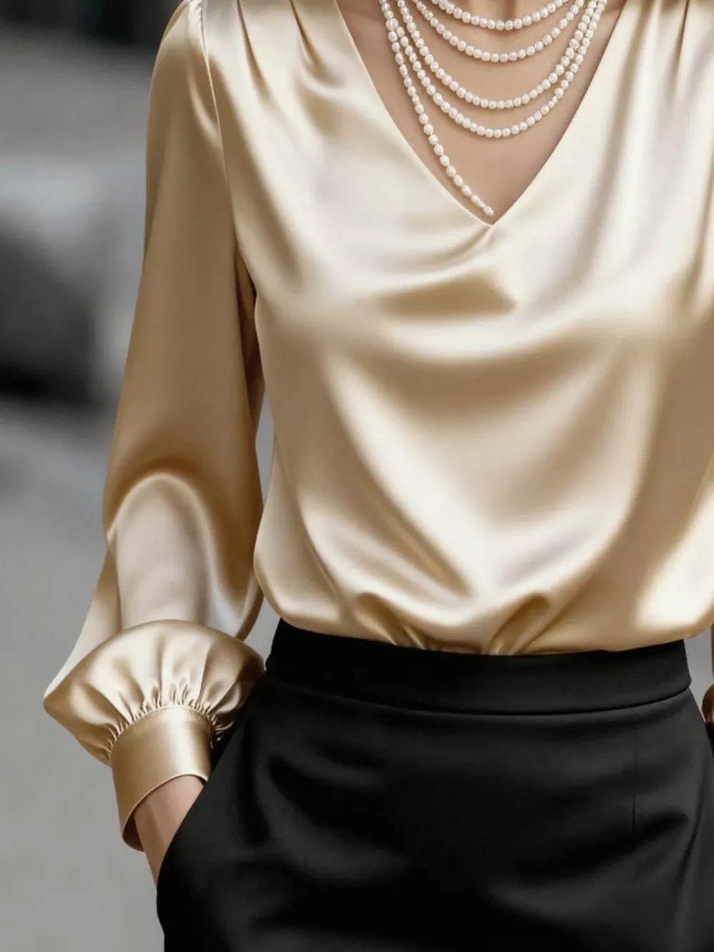 Satin V-Neck Long Sleeve Blouse, image 2