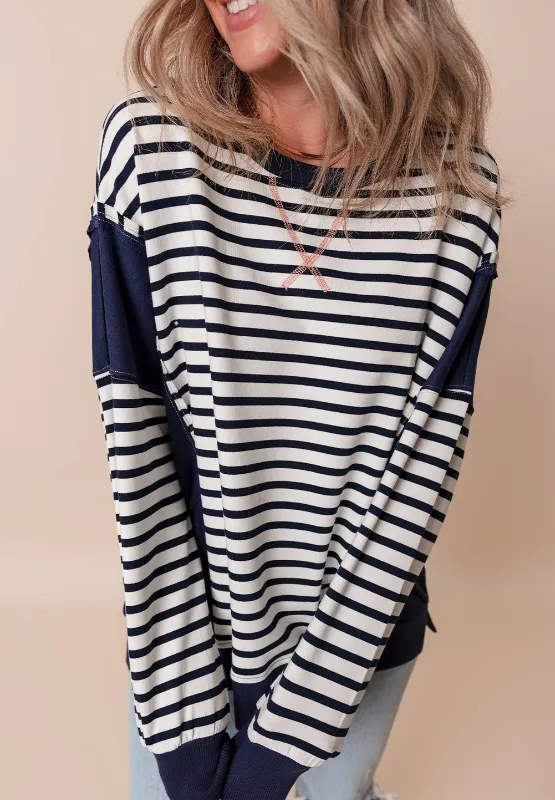 Exposed Seam Striped Long Sleeve Sweatshirt, image 10