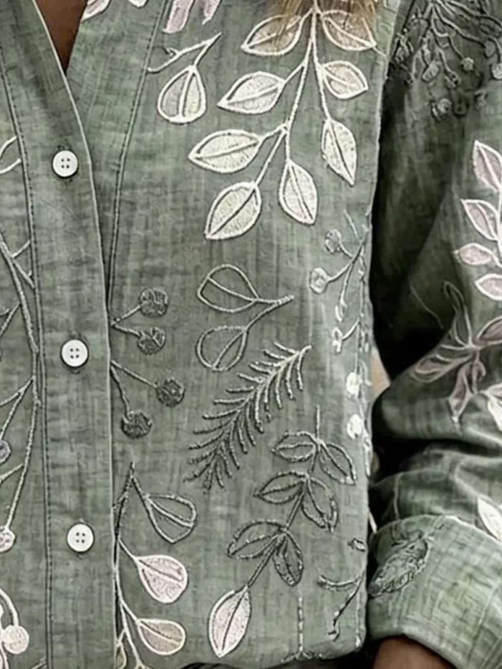 Full Size Leaf Embroidered Button-Down Shirt Plus Size, image 6