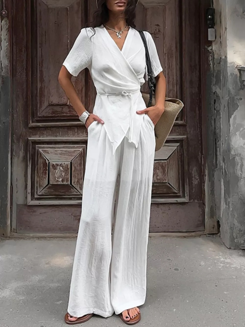 Wrap Top & Wide Leg Pants Set, image 2