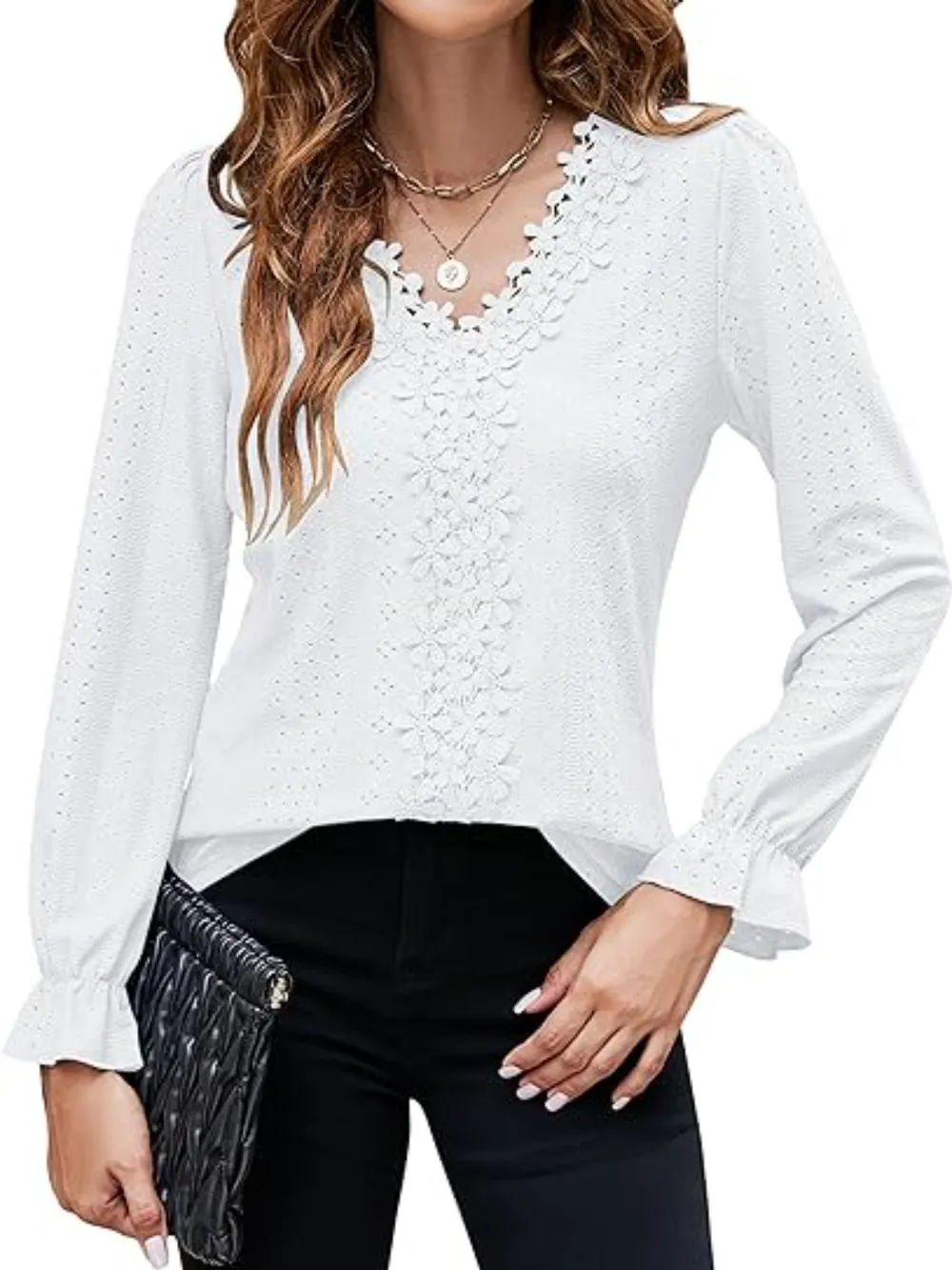 Lace Detail Eyelet V-Neck Flounce Sleeve Blouse, image 11