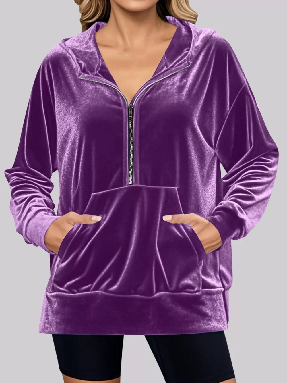 Full Size Velvet Half Zip Hoodie with Kangaroo Pocket Plus Size, image 14