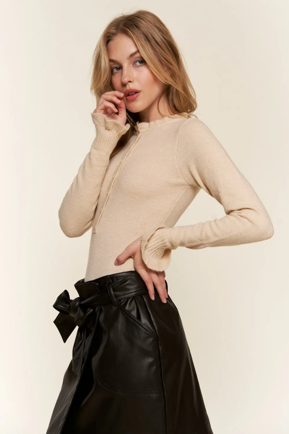 Half Button Round Neck Long Sleeve Bodysuit, image 4