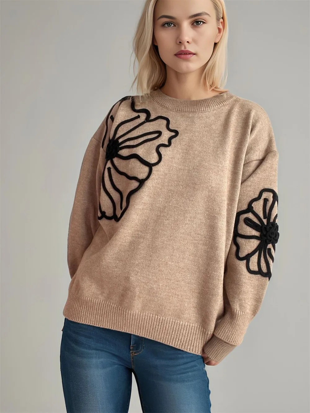 Flower Round Neck Long Sleeve Sweater, image 11